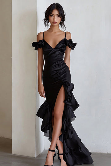 Cold Shoulder Ruffled High-Low Black Tie Dress